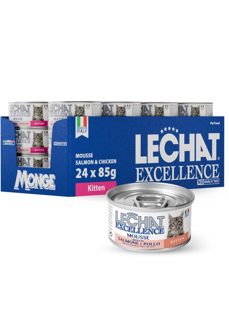 Monge Lechat Excellence by Monge | Kitten Wet Food Rich in Salmon and Chicken | Super Premium Complete Wet Kitten Food | Mousse in Can | Pack of 24 pcs - Image 1