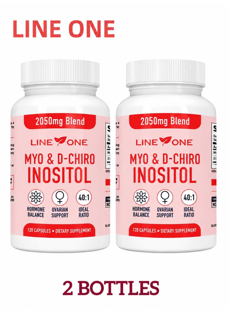 السطر الأول زجاجتان، Myo & D-Chiro Inositol 2050 mg، دعم الخصوبة ومتلازمة تكيس المبايض، توازن الهرمونات، مكمل غذائي 120 كبسولة *2 - Image 1