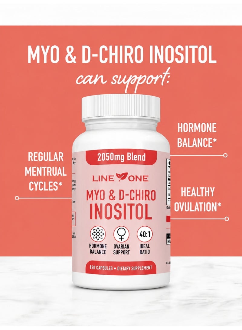 السطر الأول زجاجتان، Myo & D-Chiro Inositol 2050 mg، دعم الخصوبة ومتلازمة تكيس المبايض، توازن الهرمونات، مكمل غذائي 120 كبسولة *2 - Image 3