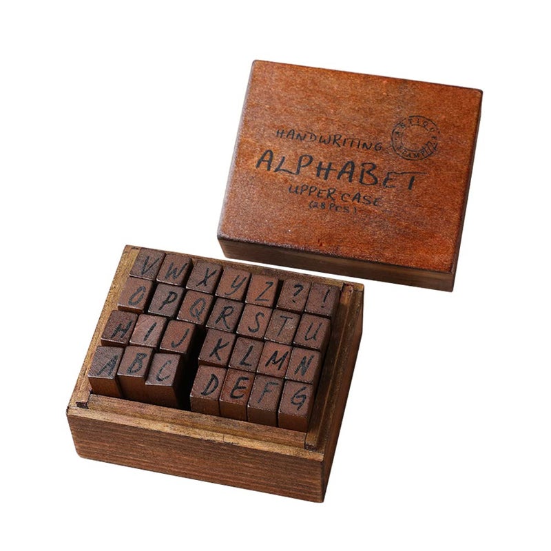 DIYOMR Vintage Letter Stamps Wood Rubber Stamps 26Pcs Alphabet Stamps Set with Old Red Vintage Wooden Box for Gift Card Making Scrapbook DIY Ancient Typing Simulation Uppercase Italics