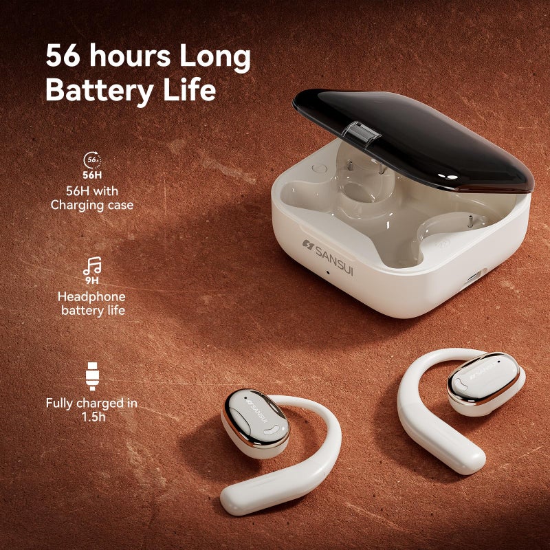 SANSUI Open Ear Headphones,Wireless Earbuds with Ergonomic Earhook,Bluetooth Headphones 5.4 with Noise Cancelling Mic,56H Playtime,IP55 Waterproof Ear Buds for Cycling,Running,Workout(Ivory White) - Image 4