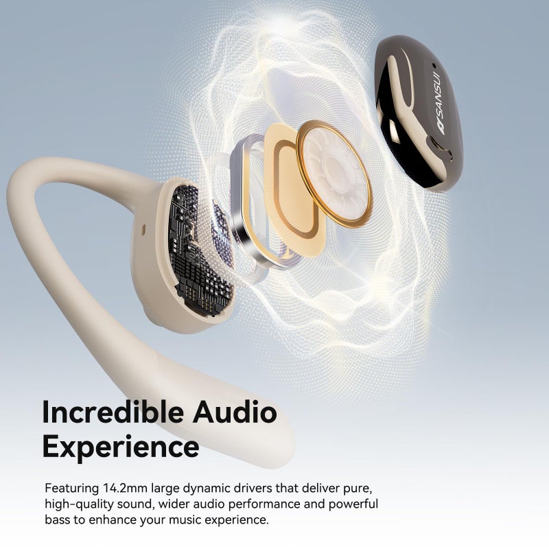 SANSUI Open Ear Headphones,Wireless Earbuds with Ergonomic Earhook,Bluetooth Headphones 5.4 with Noise Cancelling Mic,56H Playtime,IP55 Waterproof Ear Buds for Cycling,Running,Workout(Ivory White) - Image 3