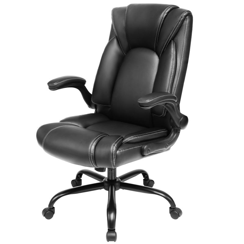 OUTFINE Flipup Arms Office Chair 300lbs Executive Chair Swivel Office Chair with hydrolysisResistant Leather Spring Cushion Thick Padding and Ergonomic Design Black Flip Arm Medium