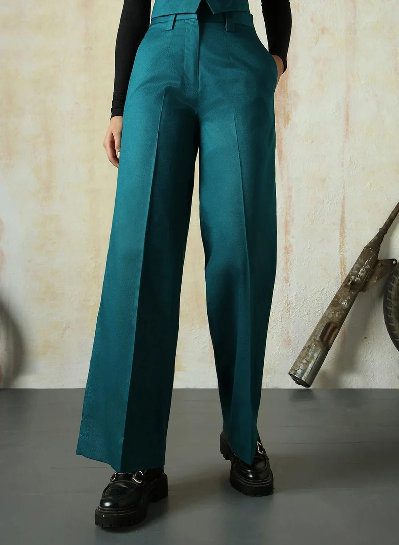 HIGH STAR teal Women's Deep Teal Cotton Blend Solid Full Length Chinos Wide Leg Trouser for Women | Best Price UAE