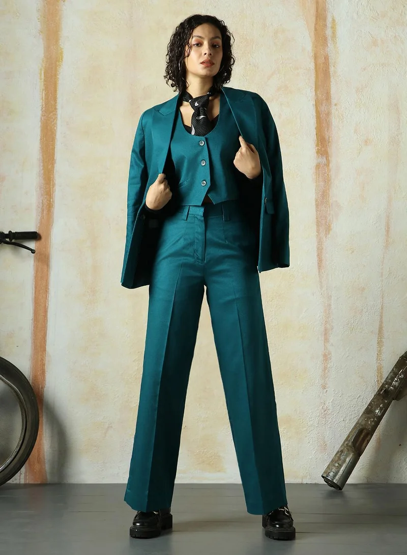 Women's Deep Teal Cotton Blend Solid Full Length Chinos Wide Leg Trouser