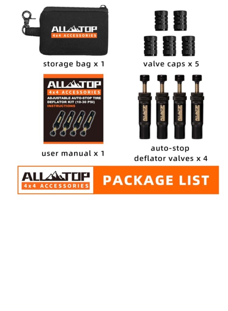 Generic ALL-TOP Adjustable Auto-Stop Tire Deflator Valve Kit (10-30 PSI) 4 PCS Screw-on Tyre Air Down Tool for Offroad 4x4 (with 5 Valve caps)  - Image 3