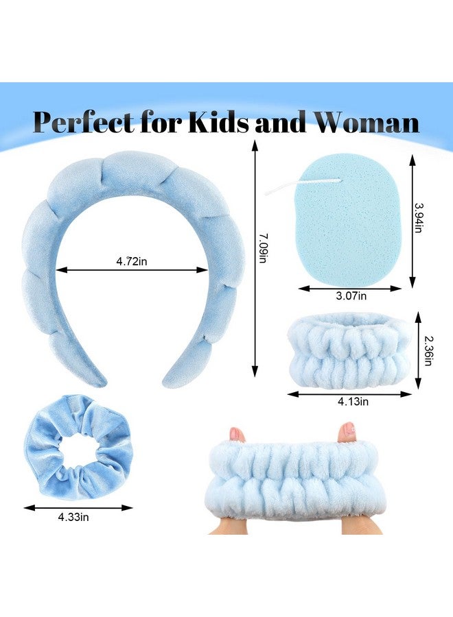 Cavetee Makeup Headband For Women, Skincare Headband For Washing Face, Cute Blue Puffy Spa Headband With Wristband Scrunchies And Soft Compressed Facial Sponges For Women Girl - Image 4