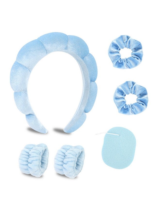 Cavetee Makeup Headband For Women, Skincare Headband For Washing Face, Cute Blue Puffy Spa Headband With Wristband Scrunchies And Soft Compressed Facial Sponges For Women Girl - Image 1