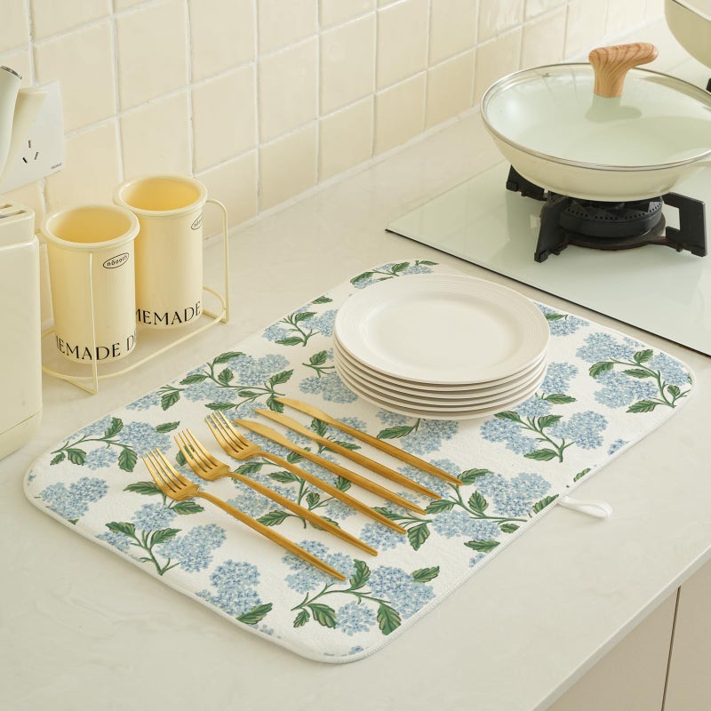 GOLIANDA Blue Sage Green Hydrangea Dish Drying Mats 18x24 Inch Floral Mats Spring Holiday Kitchen Decor Absorbent Drying Dish Pad Rack Drainer Mats for Kitchen Dining Room - Image 3
