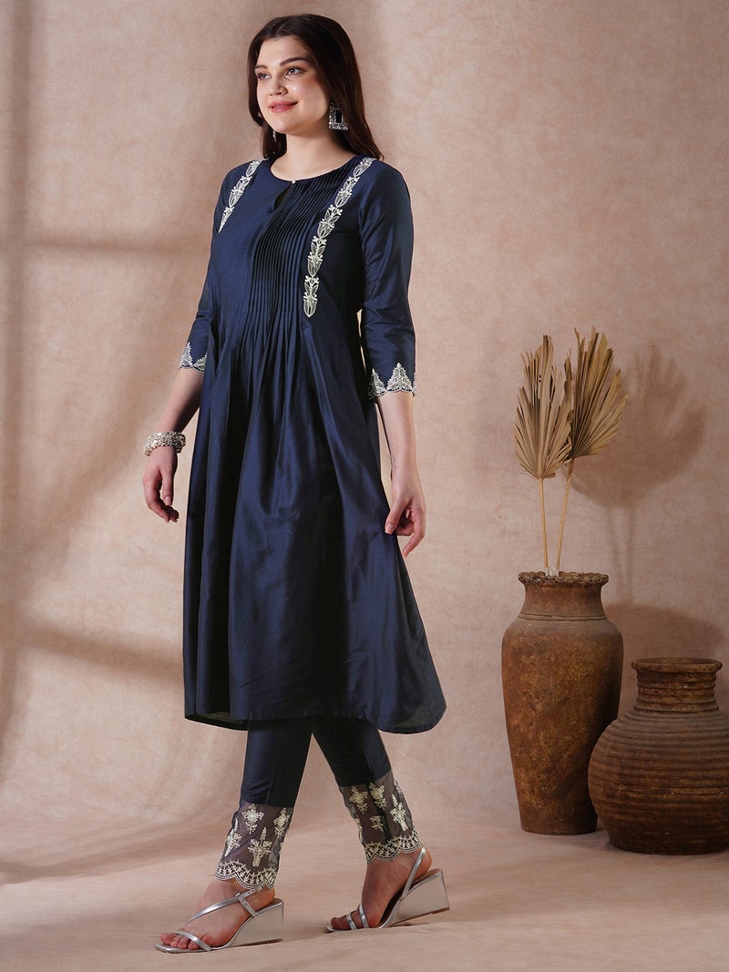 globus Globus Women Blue Round Neck Embroidered Detail Pleated A-Line Kurta With Lace Hem Pants Festive Set  - Image 2