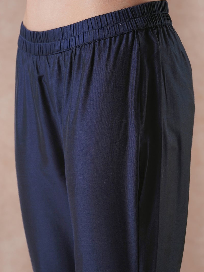 globus Globus Women Blue Round Neck Embroidered Detail Pleated A-Line Kurta With Lace Hem Pants Festive Set  - Image 5