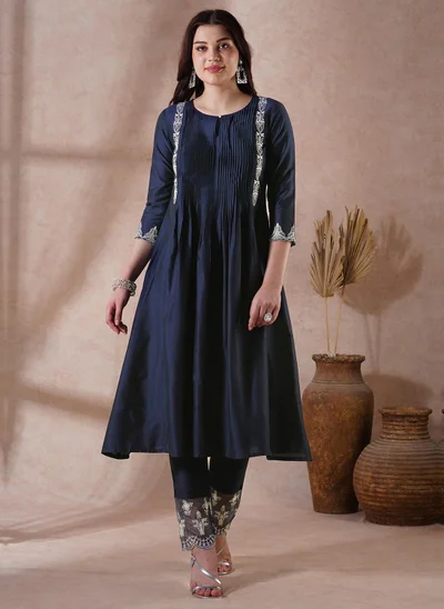 globus Globus Women Blue Round Neck Embroidered Detail Pleated A-Line Kurta With Lace Hem Pants Festive Set