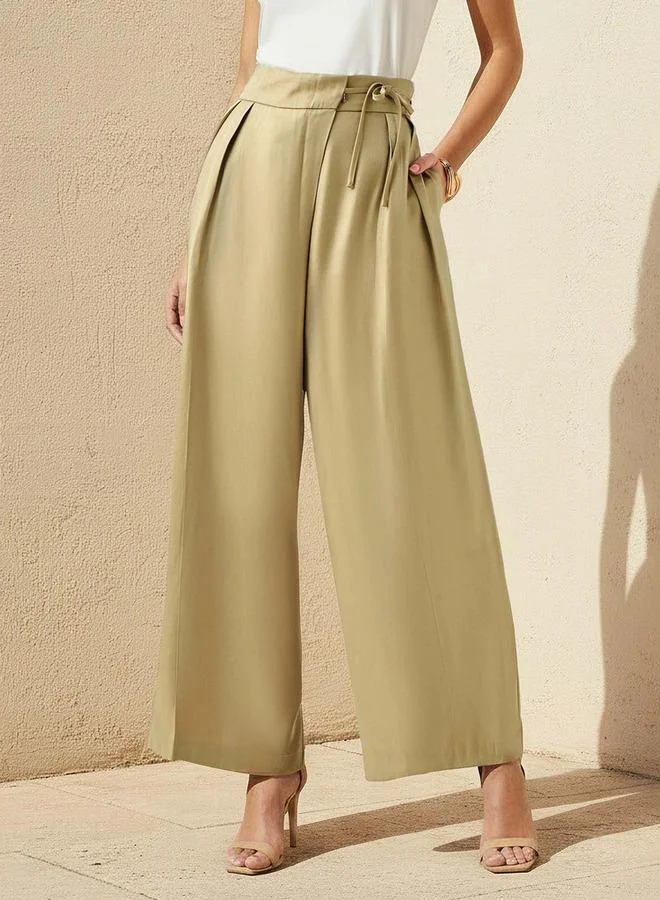 Iconic Iconic Wide Leg High Waist Pleated Front Tie Up Pants