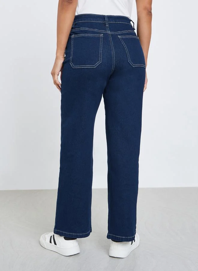 Styli  Solid Stretch Wide Leg Jeans for Women | Best Price UAE