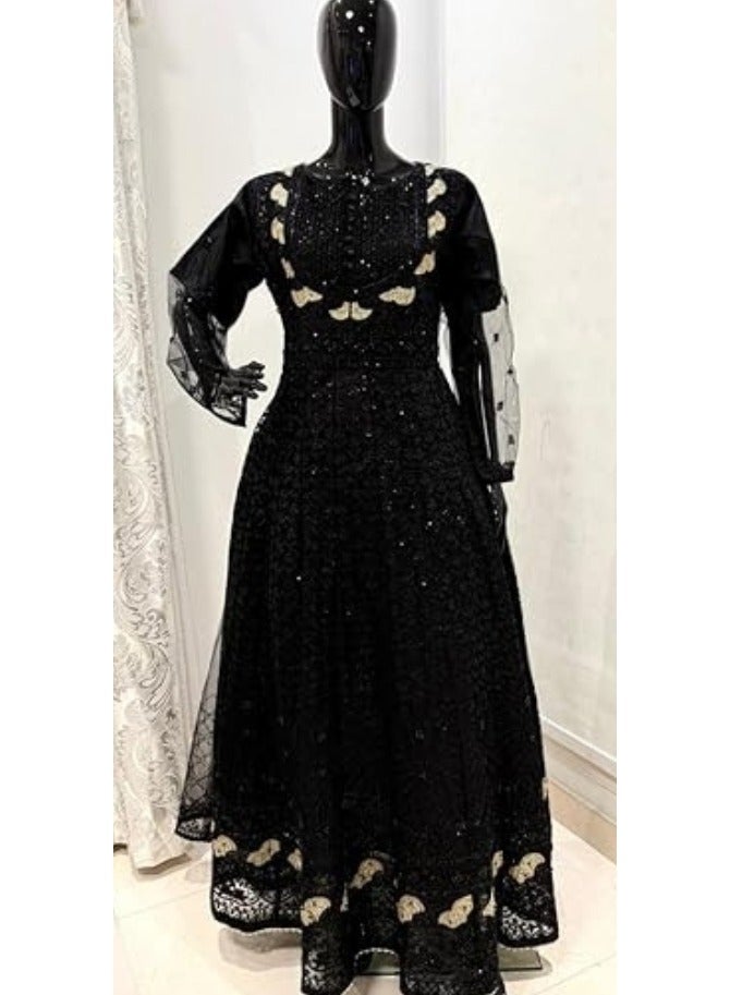 وينشيلز فستان شبكي تقليدي مزين بالترتر الأسود وأكمام طويلة شفافة - أسود (مقاس عادي). - Image 1