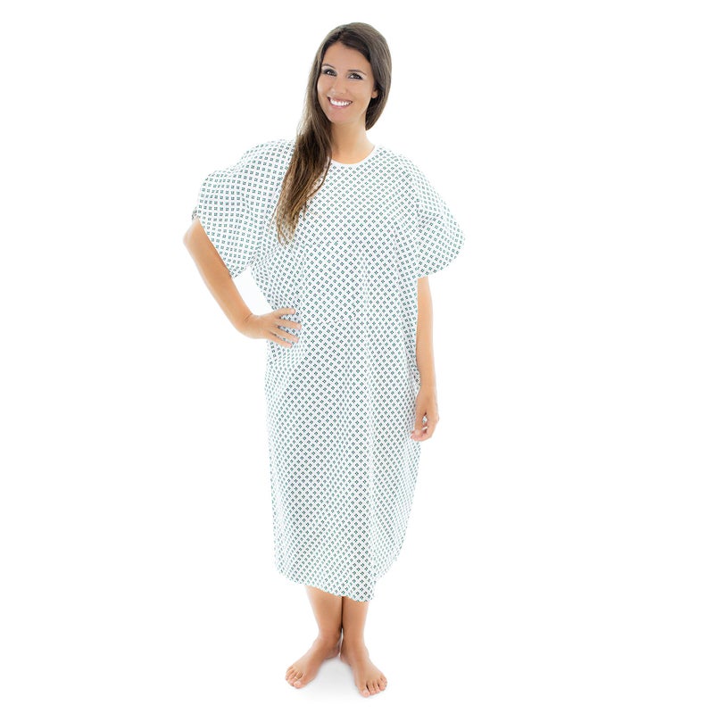 Personal Touch Health Care Apparel Personal Touch Unisex Hospital Patient Gown Metal Snap IV Sleeves with Telemetry Pocket Blue Teal Diamonds Print One Size Pack of 2