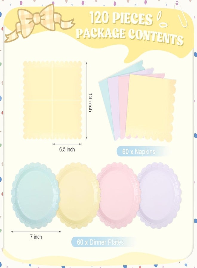 Tiangrid 120 Pcs Pastel Paper Plates and Napkins Pastel Rainbow Party Supplies Bulk Disposable 7 Inch Scalloped Plates Cocktail Napkins for Colored Easter Wedding Bridal Baby Shower Birthday, Serve 60 - Image 2