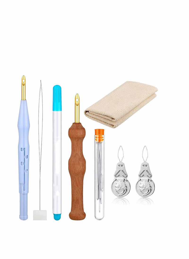 KASTWAVE - 17 Pieces Punch Needle Embroidery Kits, Adjustable Rug Yarn Punch Needle, Wooden Handle Embroidery Pen, Needle Threader, Punch Needle Cloth for Embroidery Floss Cross Stitching Beginners - Image 1