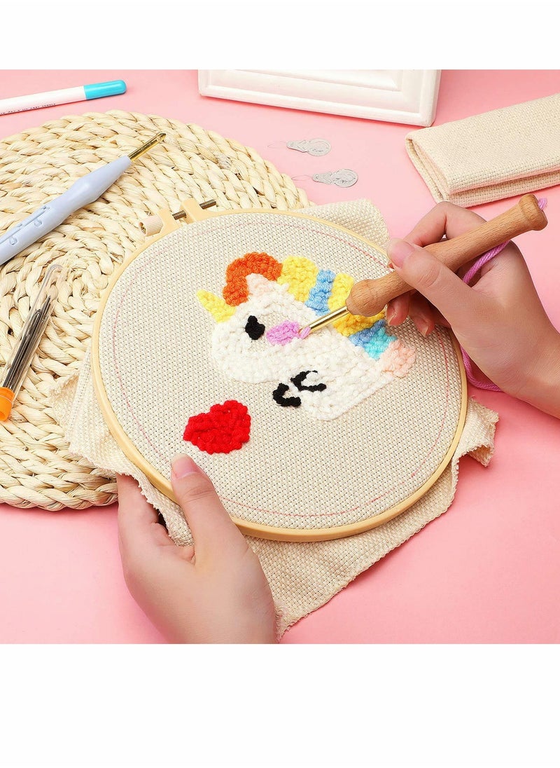 KASTWAVE - 17 Pieces Punch Needle Embroidery Kits, Adjustable Rug Yarn Punch Needle, Wooden Handle Embroidery Pen, Needle Threader, Punch Needle Cloth for Embroidery Floss Cross Stitching Beginners - Image 1