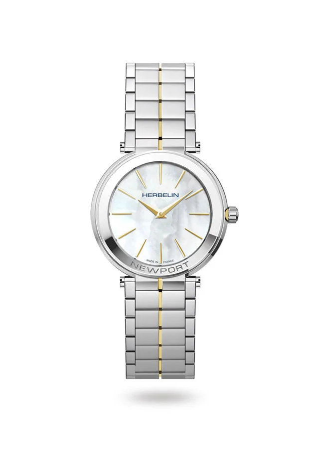 MICHEL HERBELIN Newport Slim Collection Women's Analog Quartz Watch With Stainless Steel & Gold Case &  White Mop Dial - M MH NPS16922/BT19