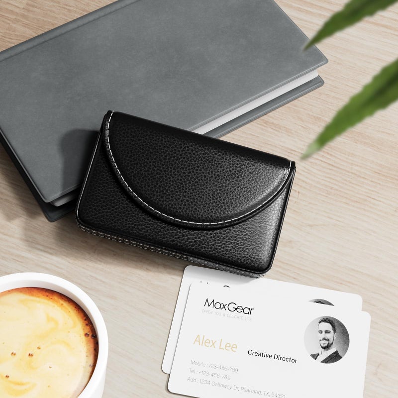 MaxGear Business Card Holder Case, PU Leather Business Card Case for Purse, Pocket Travel Name Card Holder Wallet for Men or Women, Portable Magnetic Business Card Carrier for Christmas Gift, Black - Image 2