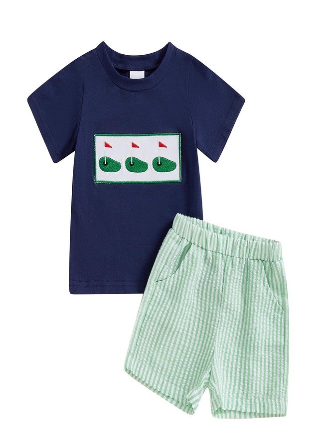 Mobbdow Toddler Baby Boy Clothes Golf Cart Embroidery Short Sleeve T-Shirt Top Gingham Seersucker Shorts Set Summer Outfits (H-Navy Green, 18-24 Months) - Image 1