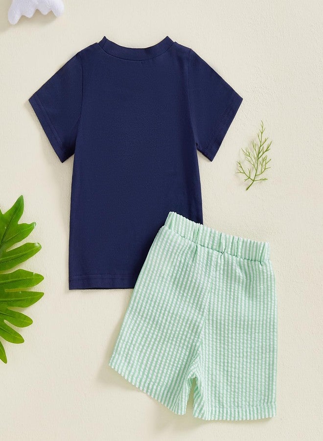 Mobbdow Toddler Baby Boy Clothes Golf Cart Embroidery Short Sleeve T-Shirt Top Gingham Seersucker Shorts Set Summer Outfits (H-Navy Green, 18-24 Months) - Image 3