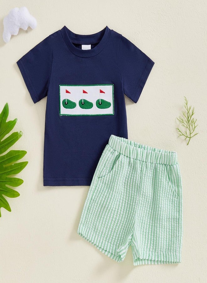 Mobbdow Toddler Baby Boy Clothes Golf Cart Embroidery Short Sleeve T-Shirt Top Gingham Seersucker Shorts Set Summer Outfits (H-Navy Green, 18-24 Months) - Image 2