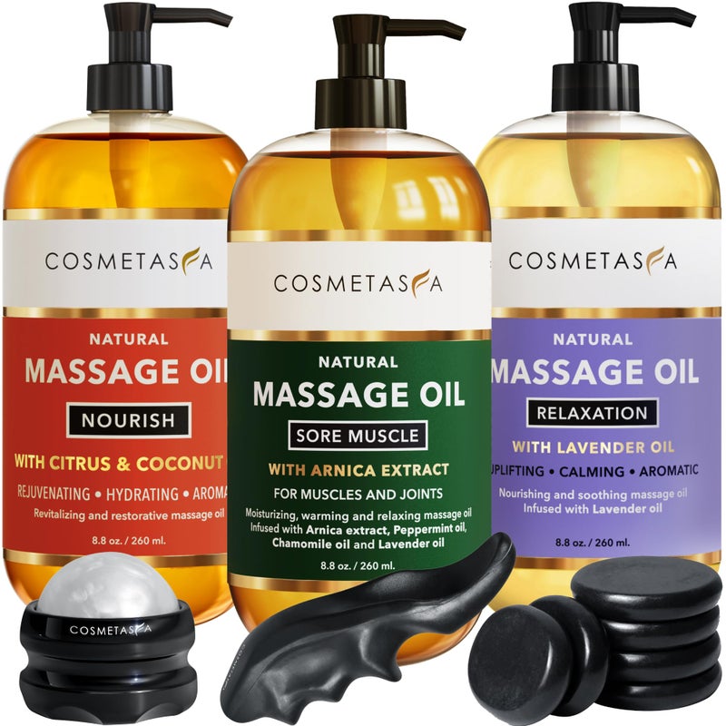 Cosmetasa Massage Oil Spa Gift Set for Women â€“ Relaxing Lavender, Warming Arnica & Nourishing Citrus & Coconut Oils â€“ Includes Roller Ball, Thumb Saver & Hot Stones â€“ Self Care Kit & Body Massage Oils - Image 1