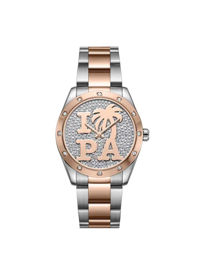 Palm Angels Strada White Pave Crystal Dial Stainless Steel Bracelet Analog Watch for Women, 34mm