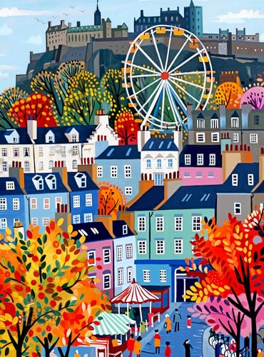Cross & Glory Cross Glory Castle Carousel 1000 Piece Jigsaw Puzzle for Adults Colorful Edinburgh Folk Art Puzzle Bright Scottish City Artwork Premium RibbonCut Puzzle with Satin Finish - Image 1