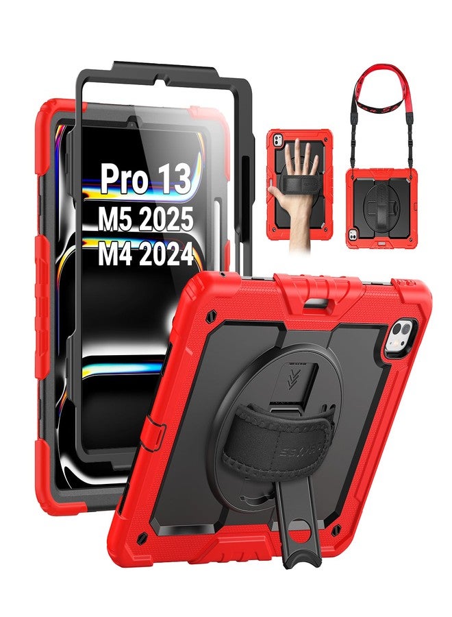 SEYMAC جراب SEYMAC لجهاز iPad Pro مقاس 13 بوصة طراز M5 2025 / M4 2024، جراب واقٍ متين مقاوم للصدمات مع واقي شاشة، وحامل دوار 360 درجة، وحزام لليد/الكتف، وحامل قلم، لون أحمر - Image 1