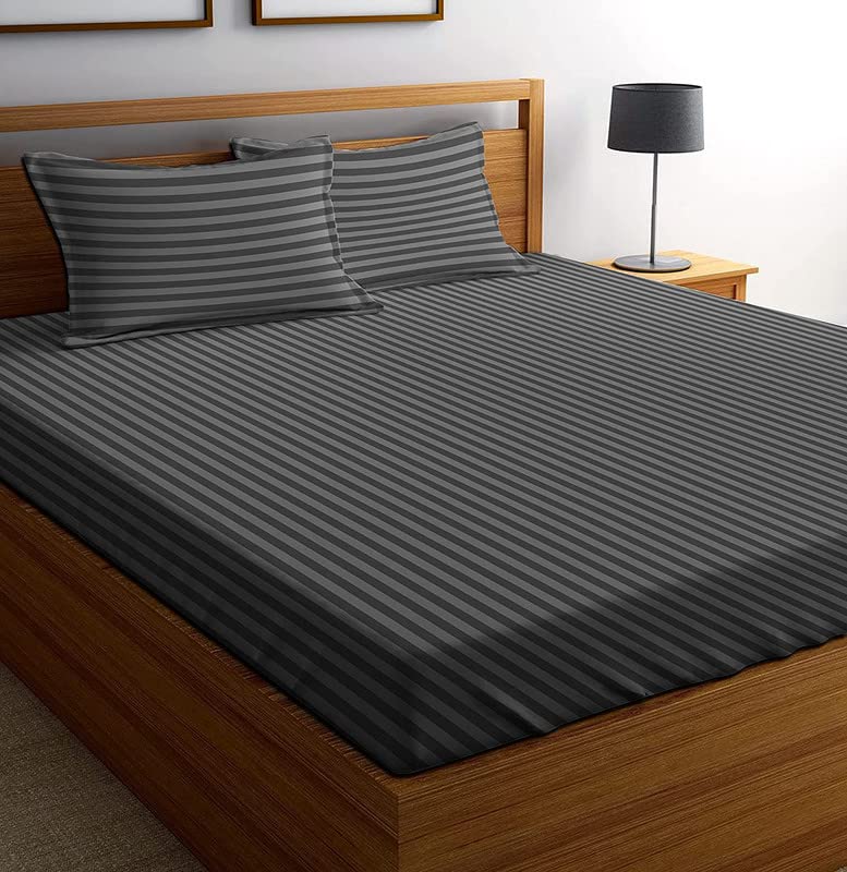 Hardeep Creation 210 TC Glace Cotton Elastic Fitted Plain Stripe Queen Size Double Bed with 2 Pillow Cover (72 X 78) Inch - Image 1