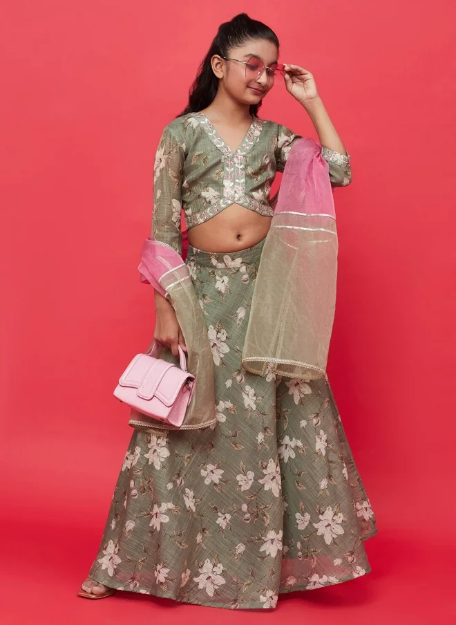 AKS Green Floral Printed Lehenga Choli Set for Girls