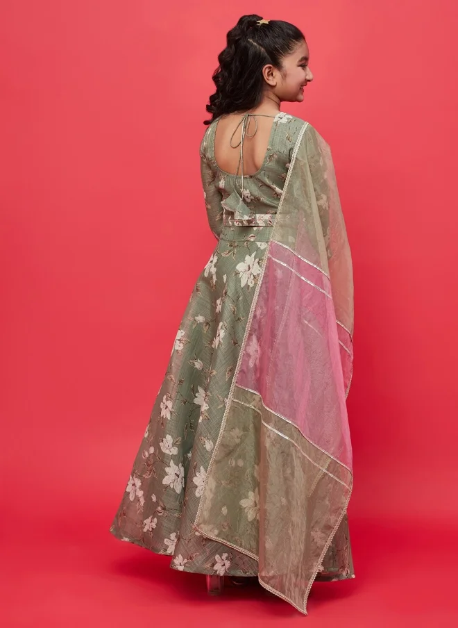 AKS Green Floral Printed Lehenga Choli Set for Girls