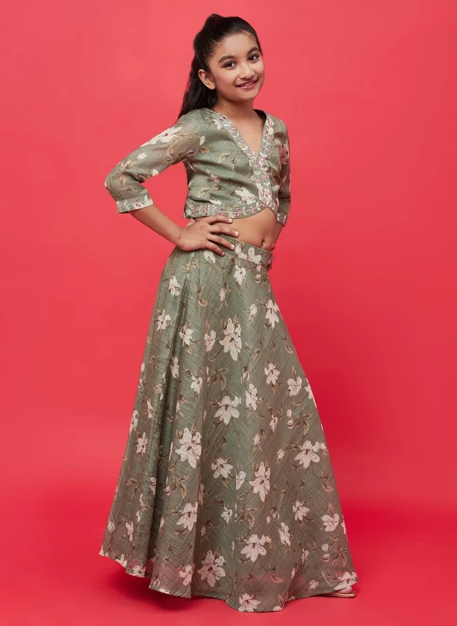 AKS Green Floral Printed Lehenga Choli Set for Girls