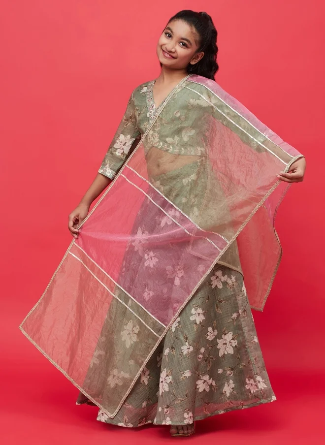 AKS Green Floral Printed Lehenga Choli Set for Girls