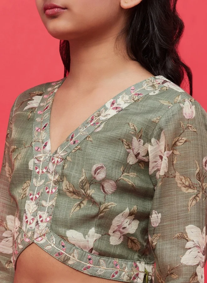 AKS Green Floral Printed Lehenga Choli Set for Girls