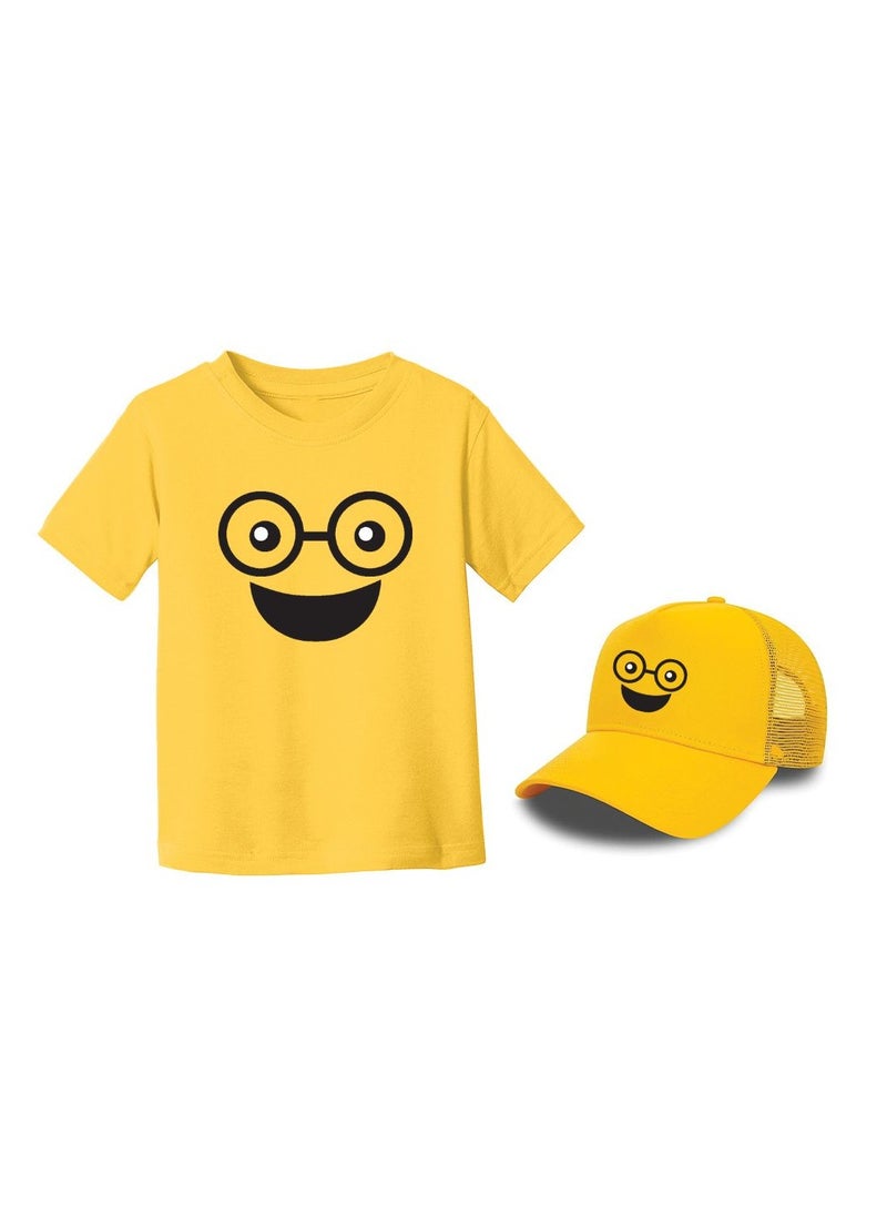 PRINTSHOP4ME - Kids Yellow Smiley Face Pack Of 2 T-Shirt And Cap Combo–Unisex Round Neck Short Sleeve Cotton T-Shirt - Image 1