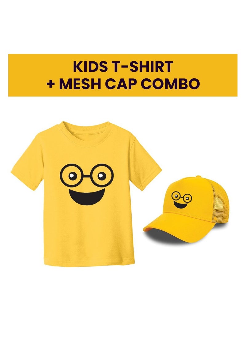 PRINTSHOP4ME - Kids Yellow Smiley Face Pack Of 2 T-Shirt And Cap Combo–Unisex Round Neck Short Sleeve Cotton T-Shirt - Image 1
