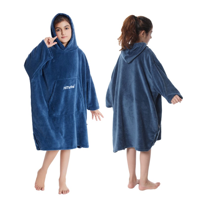 Hiturbo Kids Towel Changing Robe Soft Plush Wearable Blanket  Warm Coral Fleece Hoodie  Swim Surf Poncho for 512 Years Navy