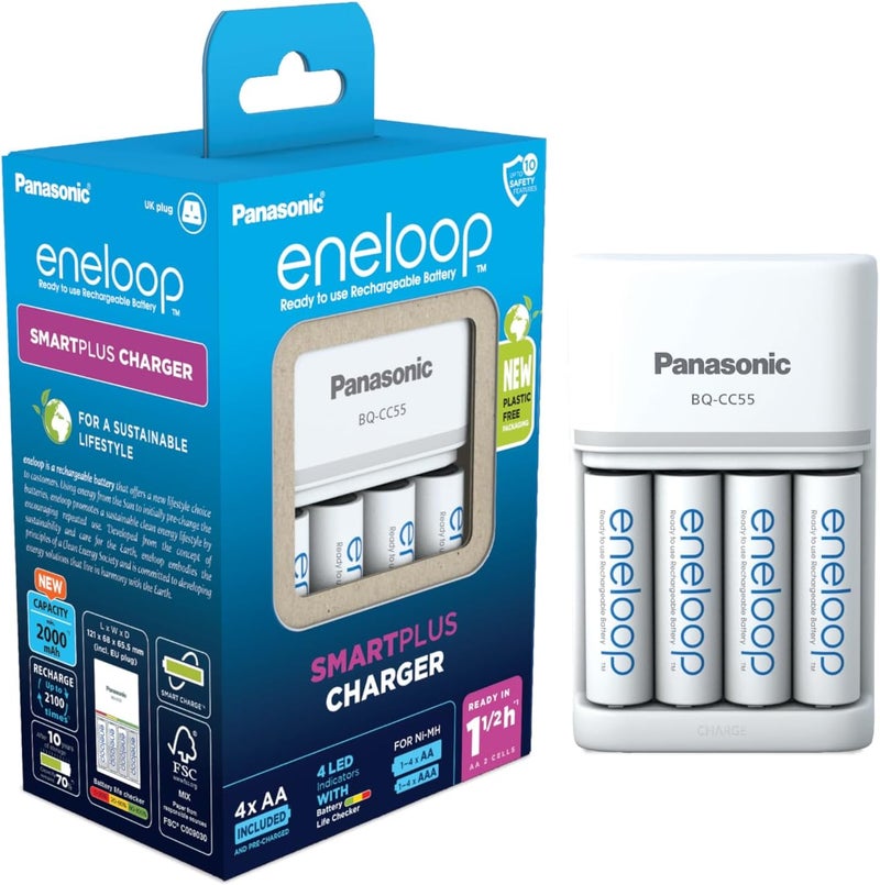 إنيلوب شاحن SmartPlus، لـ 1-4 بطاريات قابلة لإعادة الشحن AA/AAA، وقت شحن 1.5 ساعة، 10 ميزات أمان، يشمل 4 بطاريات AA (2000 مللي أمبير في الساعة)، قابس بريطاني - Image 1