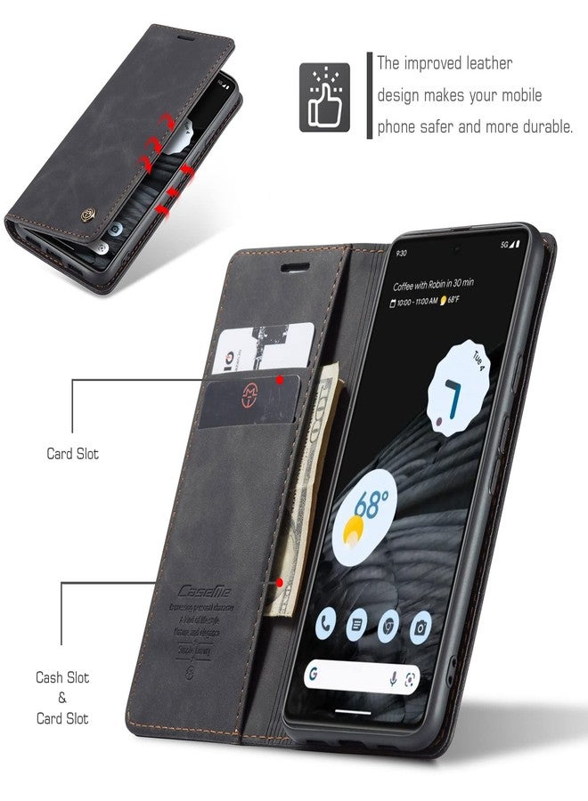 جراب Cracedily لهاتف Google Pixel 7، جراب جلدي قلاب مع حامل بطاقات وإغلاق مغناطيسي ومسند مقاوم للصدمات، غطاء حماية للهاتف، أسود - Image 2