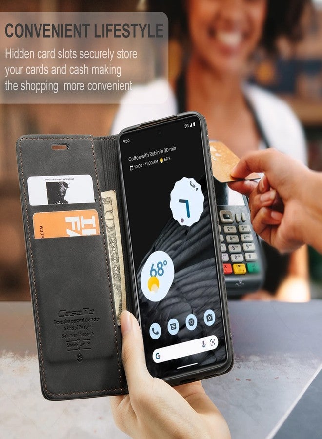 جراب Cracedily لهاتف Google Pixel 7، جراب جلدي قلاب مع حامل بطاقات وإغلاق مغناطيسي ومسند مقاوم للصدمات، غطاء حماية للهاتف، أسود - Image 3