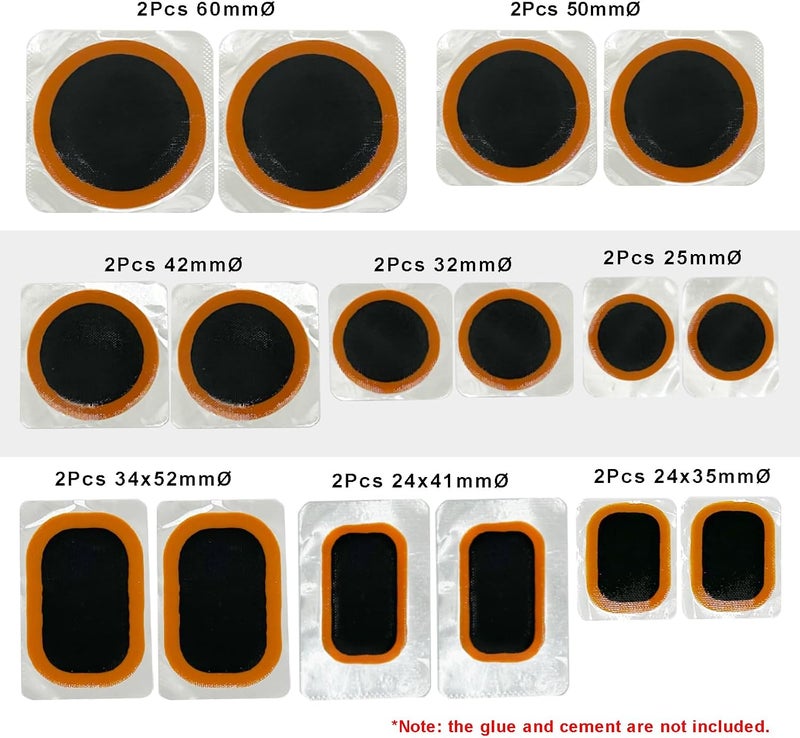 PAX 16 Pcs Inner Tube Patch Refills. Contains 2Pcs X 25mmØ/ 32mmØ/ 42mmØ/ 50mmØ/ 60mmØ, 2 Pcs X 24x41mm/ 24x35mm/ 34x52mm. Suitable for Bicycle, Motorcycle, Scooter, River Floating, Inflatable Rubber - Image 2