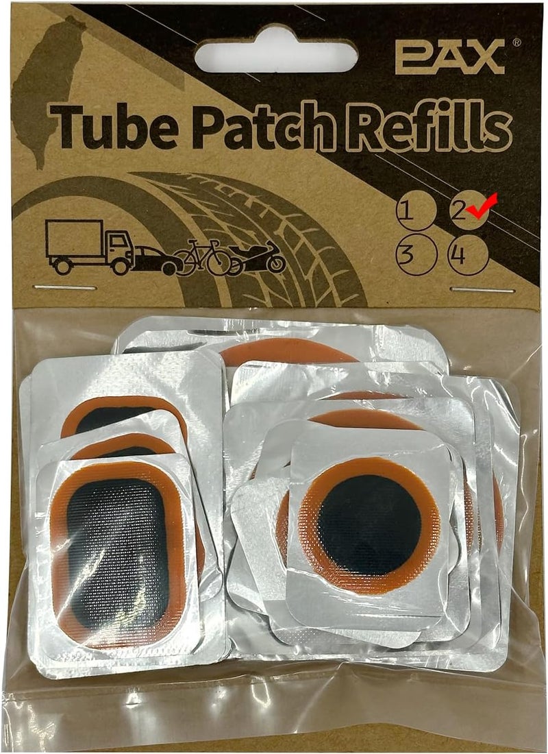 PAX 16 Pcs Inner Tube Patch Refills. Contains 2Pcs X 25mmØ/ 32mmØ/ 42mmØ/ 50mmØ/ 60mmØ, 2 Pcs X 24x41mm/ 24x35mm/ 34x52mm. Suitable for Bicycle, Motorcycle, Scooter, River Floating, Inflatable Rubber - Image 1