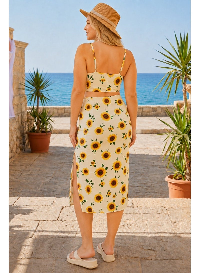 Women 2 Piece Crop Top and Midi Skirt Set with Sunflower Print Code 4083 - Image 2