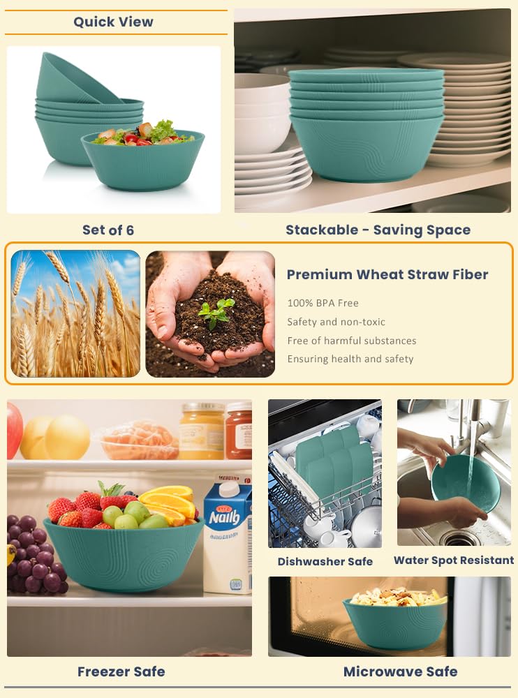 Homienly Wheat Straw Bowl Sets of 6-36oz Cereal Bowls,Microwave and Dishwasher Safe Bowls,Soup Bowl Sets Alternative for Plastic Bowls for Serving Soup,Salad(Green) - Image 5