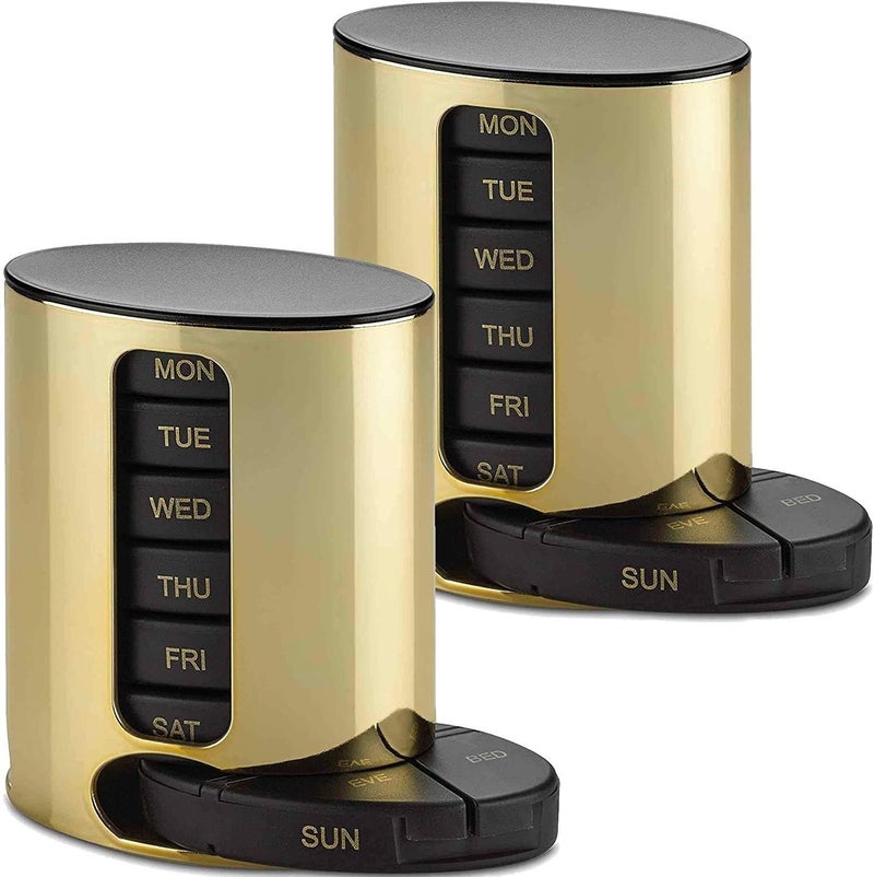MEDca Weekly Pill Organizer - 2Pack - 4 Times-A-Day, Daily Stackable Medication Reminder - Weekly AM/PM Pill Box with 7 Individual Stacking Cases, a Everyday Medicine Organizer for Vitamins, Black & Gold