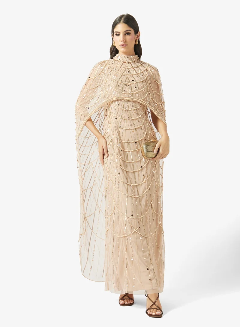 Beaded Pearl Cape Maxi Dress
